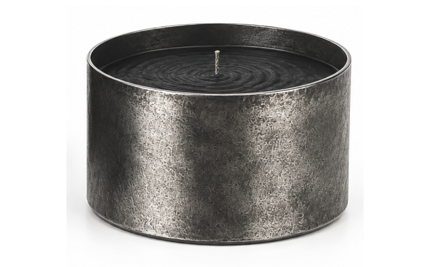 One candle in pewter vessel